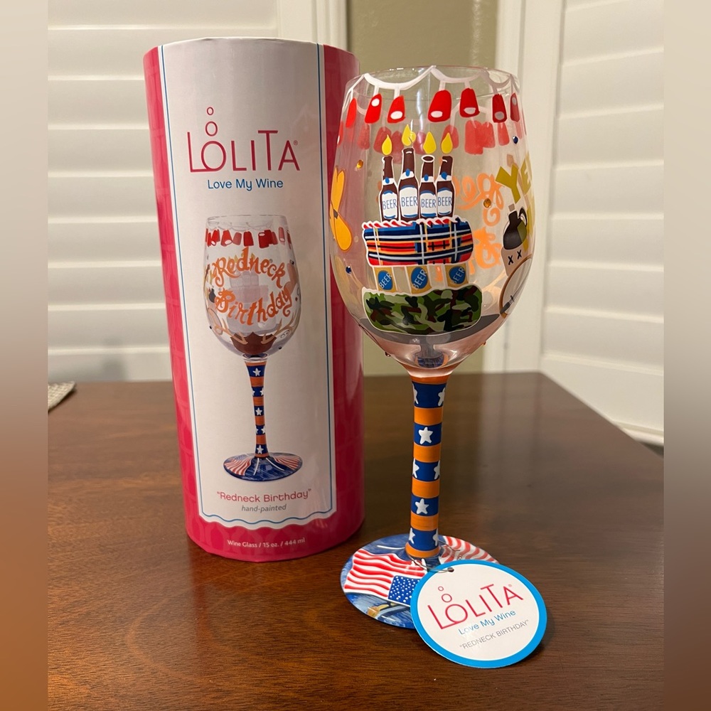 COPY - Lolita Redneck Birthday. Hand Painted Colorful Wine Glass.